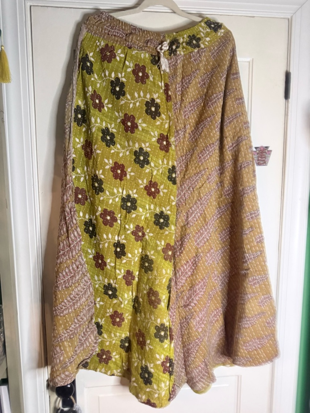 Kantha Bae Bohemian Floral Patchwork Wide Leg Pants in Olive and Tan